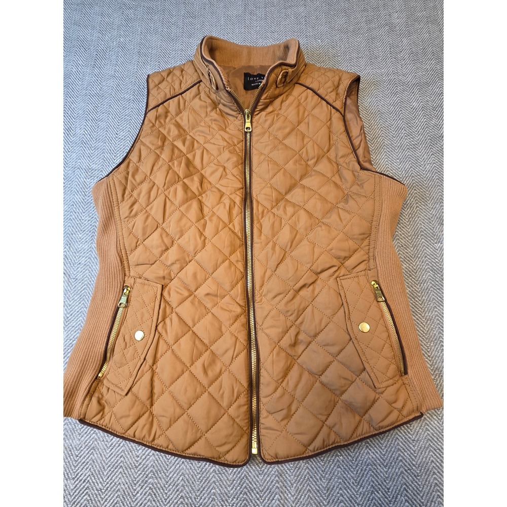 Love Tree Quilted Vest Womens Large Brown Ribbed Side Panels Pockets Full Zipper